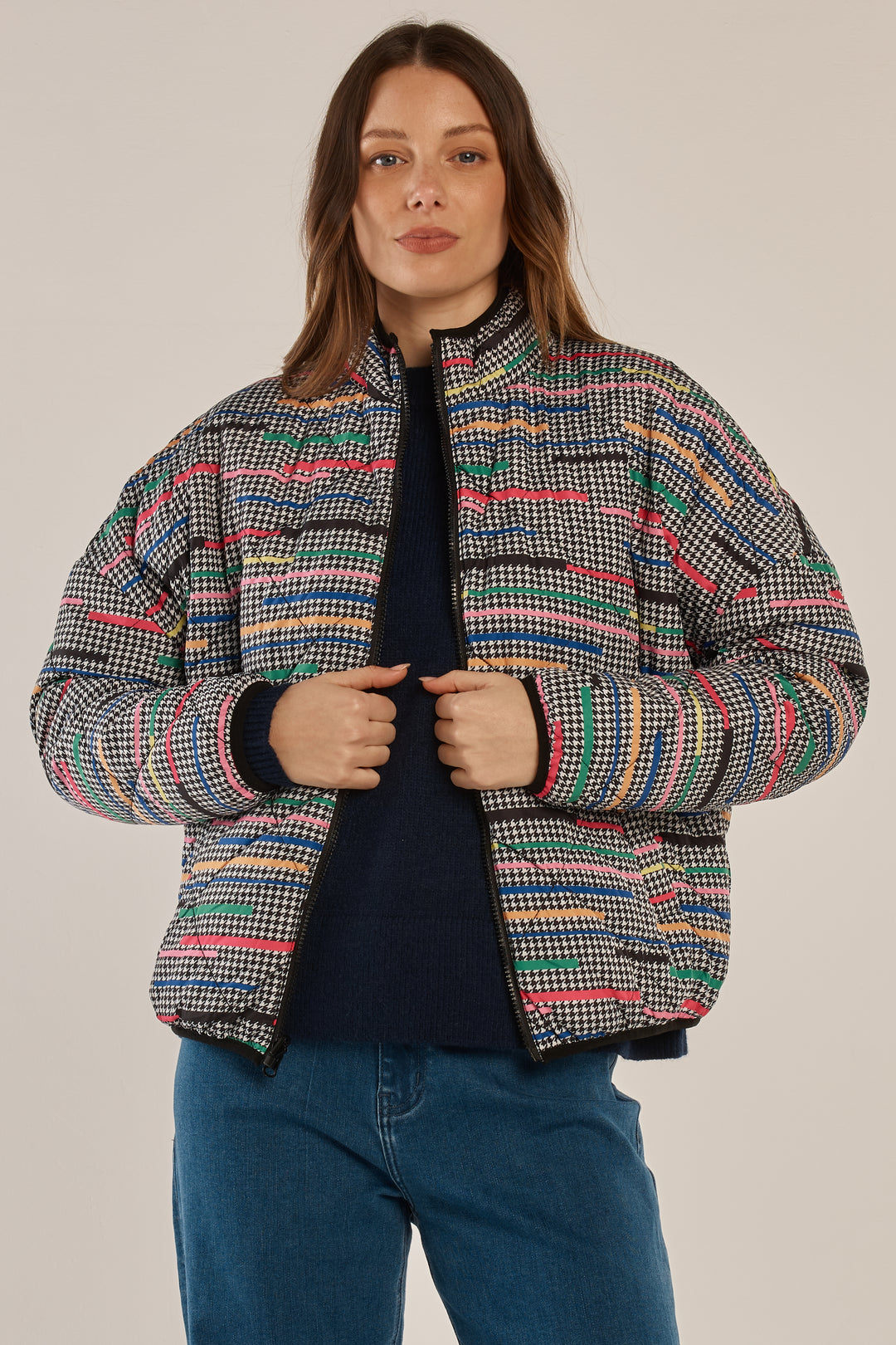 Betty Basics BB6101 reversible rainbow houndstooth jacket at Experience Boutique