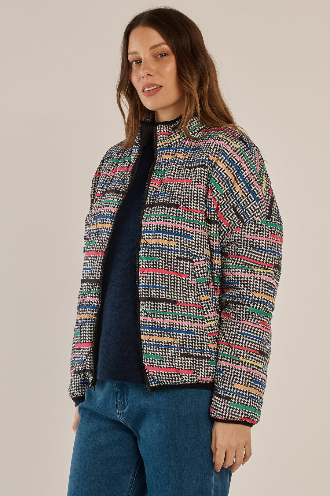 Betty Basics BB6101 reversible rainbow houndstooth jacket at Experience Boutique