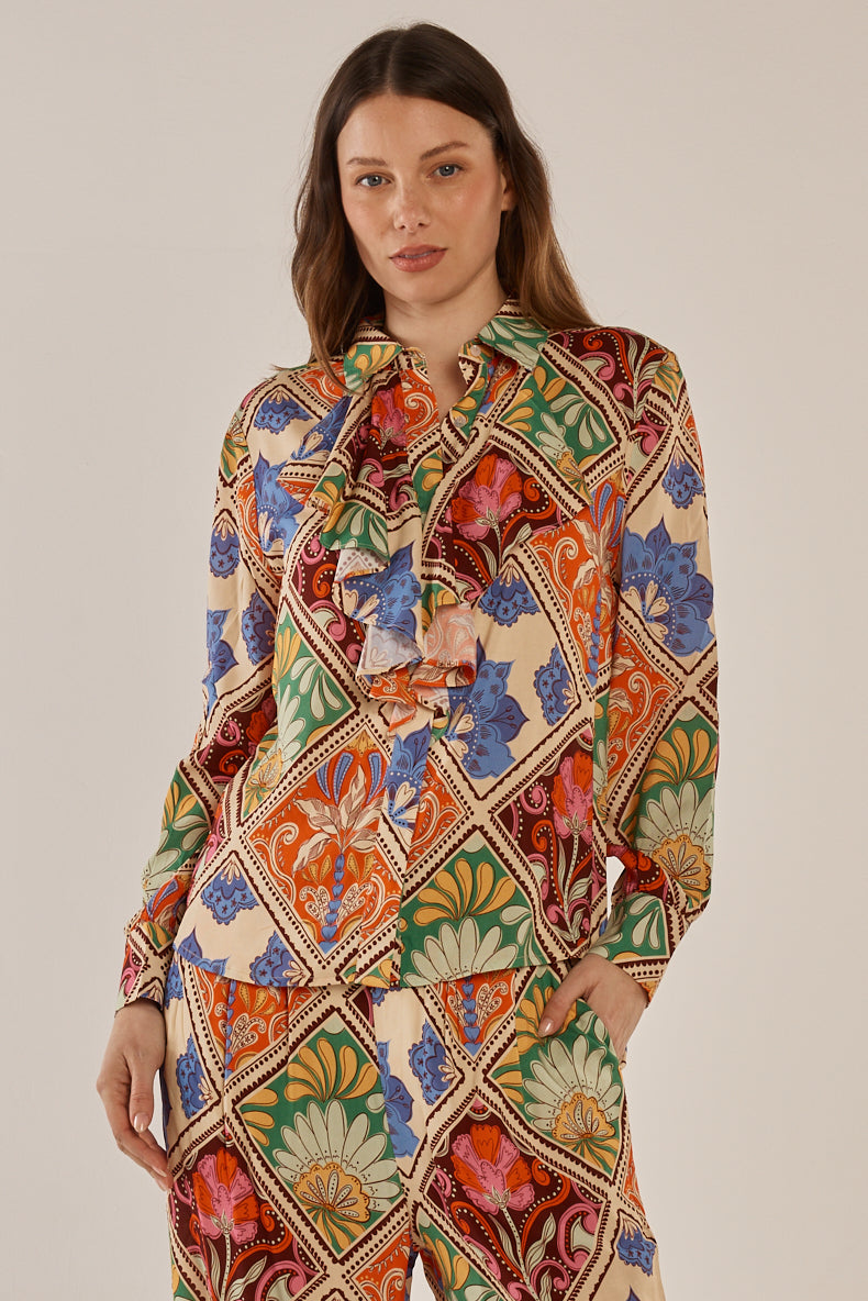 Betty Basics BB8567 floral print frill shirt at Experience Boutique