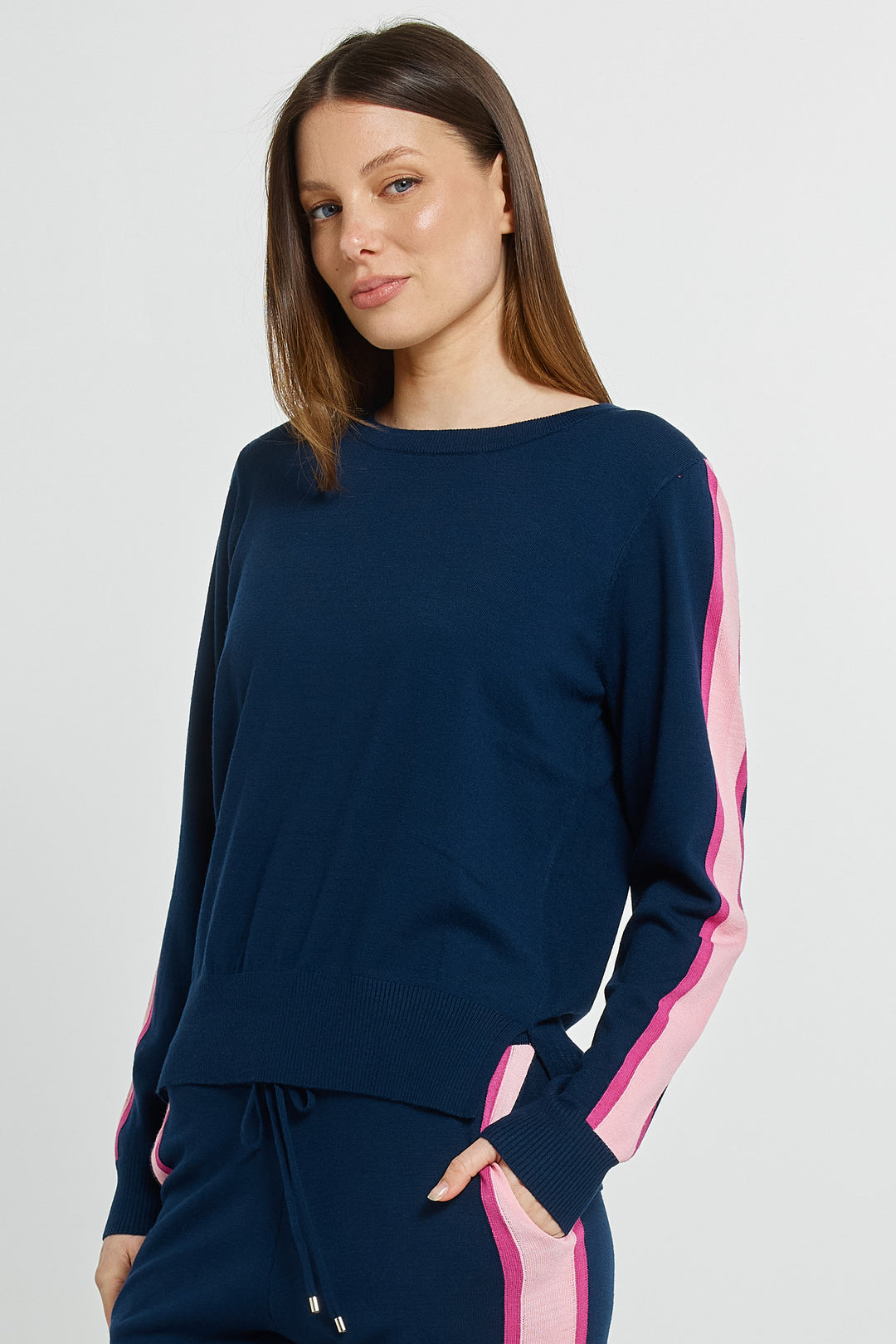 Betty Basics BB4122 navy pink stripe joggers at Experience Boutique