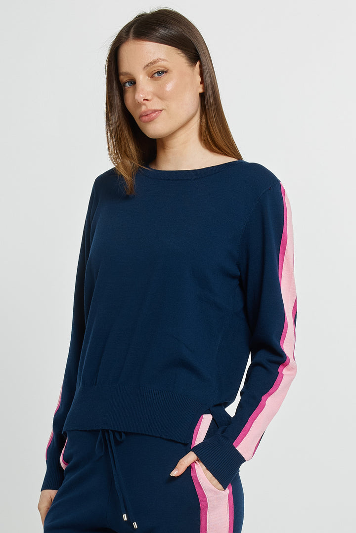 Betty Basics BB4122 navy pink stripe joggers at Experience Boutique