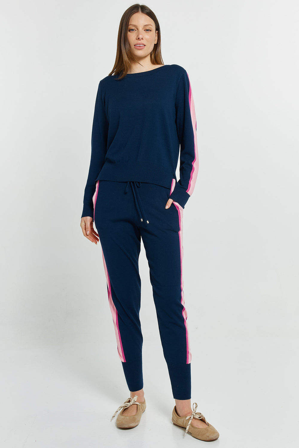 Betty Basics BB4122 navy pink stripe joggers at Experience Boutique