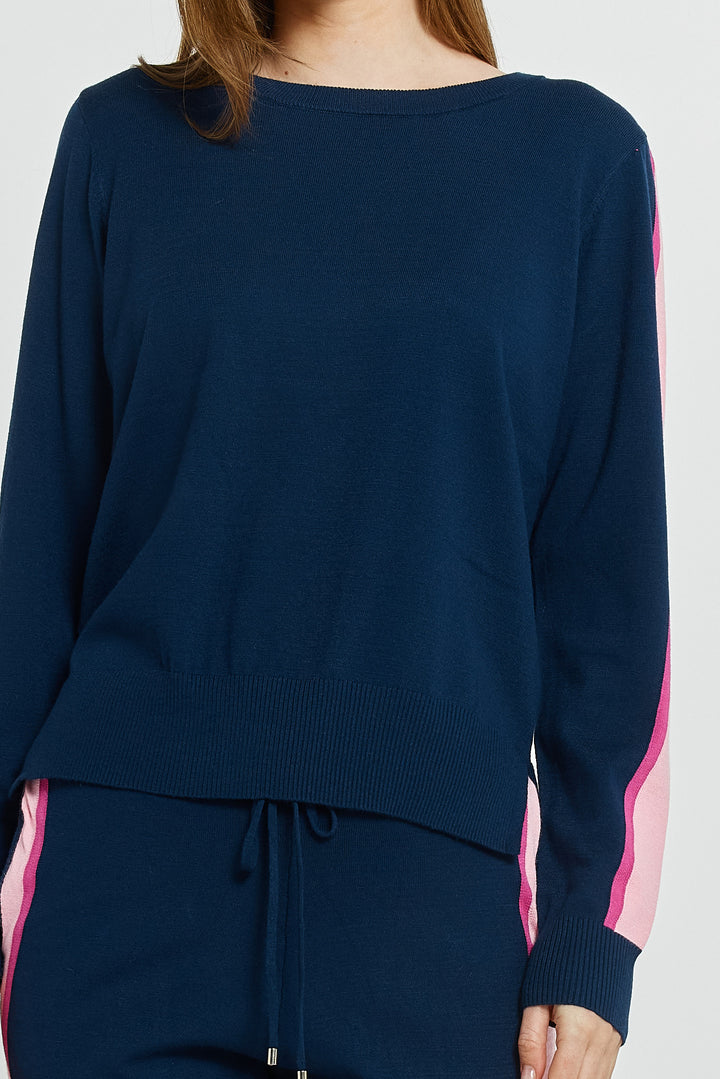 Betty Basics BB4122 navy pink stripe joggers at Experience Boutique