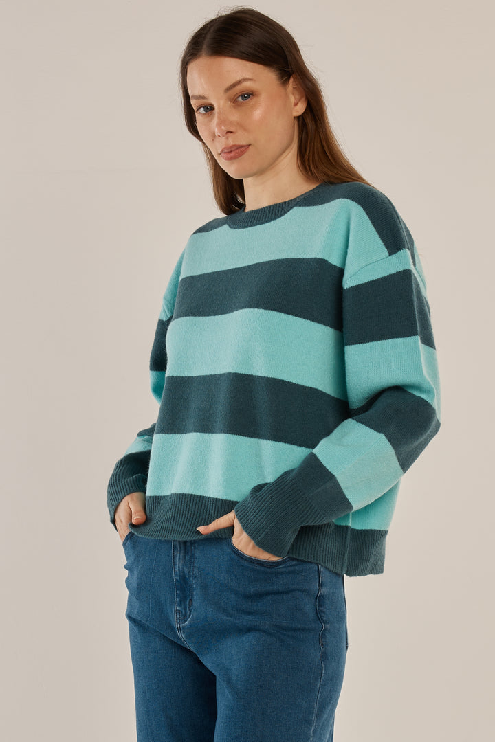 Betty Basics BB4092 teal green blue stripe jumper at Experience Boutique