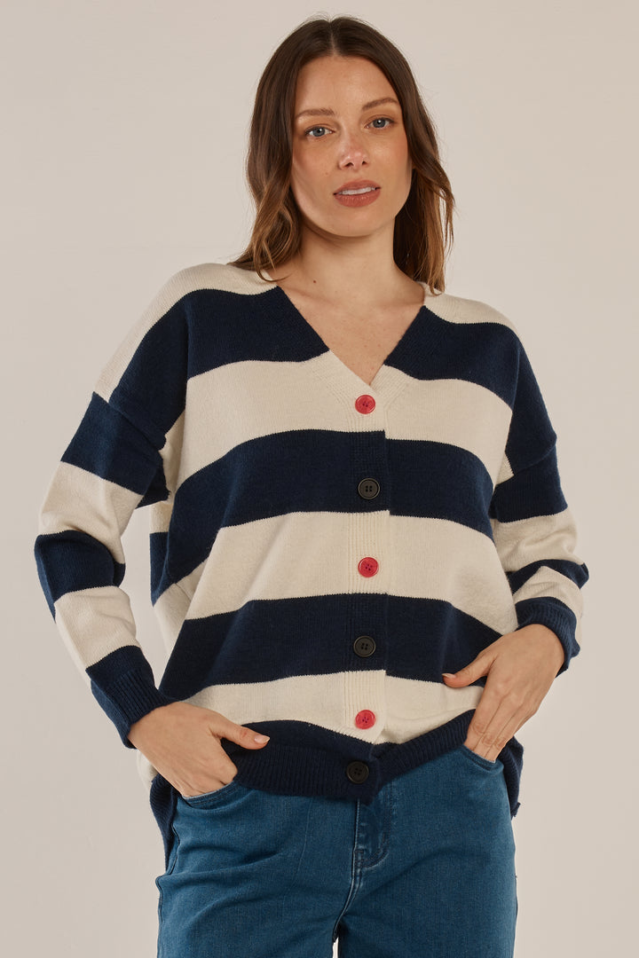 Betty Basics BB4094 navy off-white stripe cardigan at Experience Boutique
