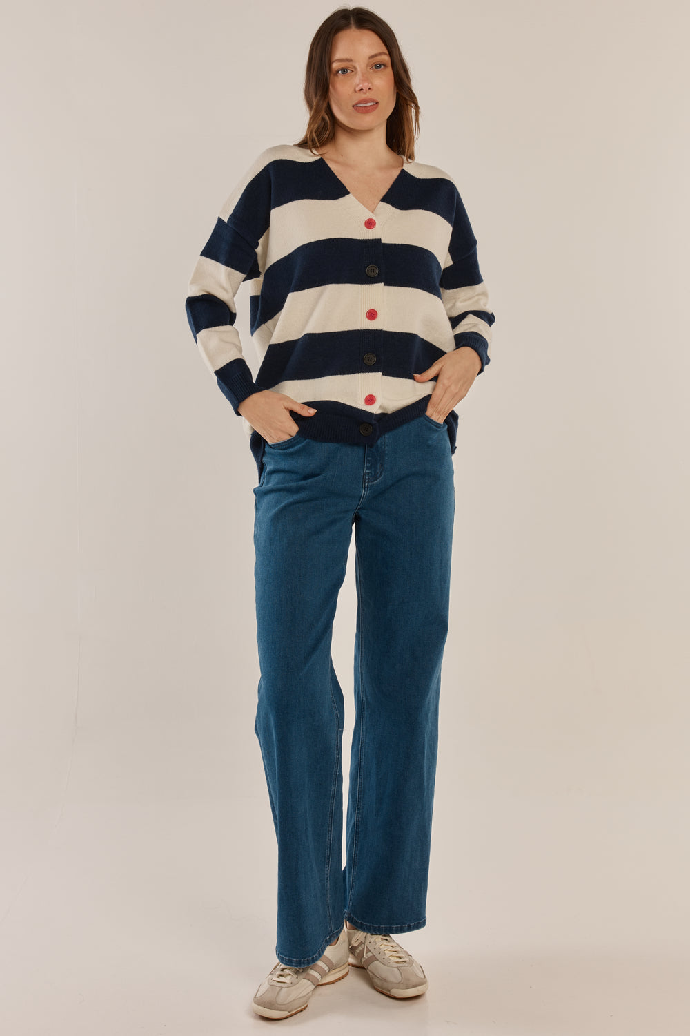 Betty Basics BB4094 navy off-white stripe cardigan at Experience Boutique