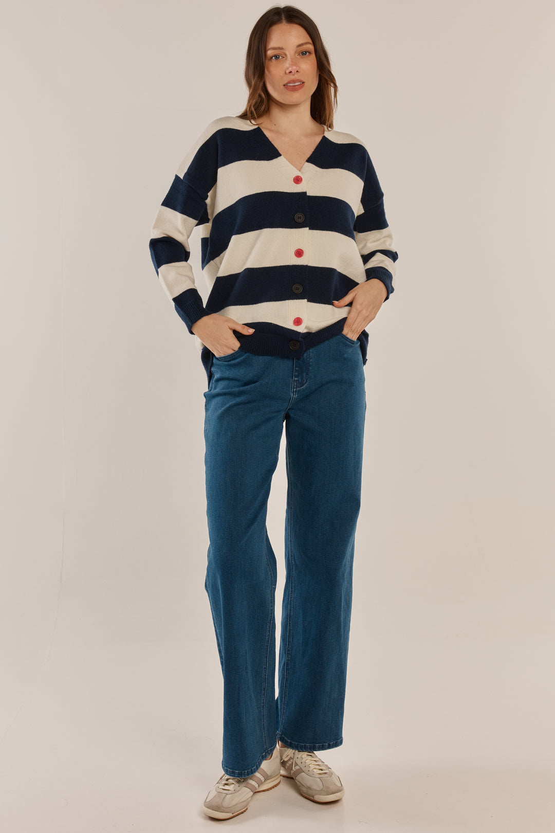 Betty Basics BB4094 navy off-white stripe cardigan at Experience Boutique