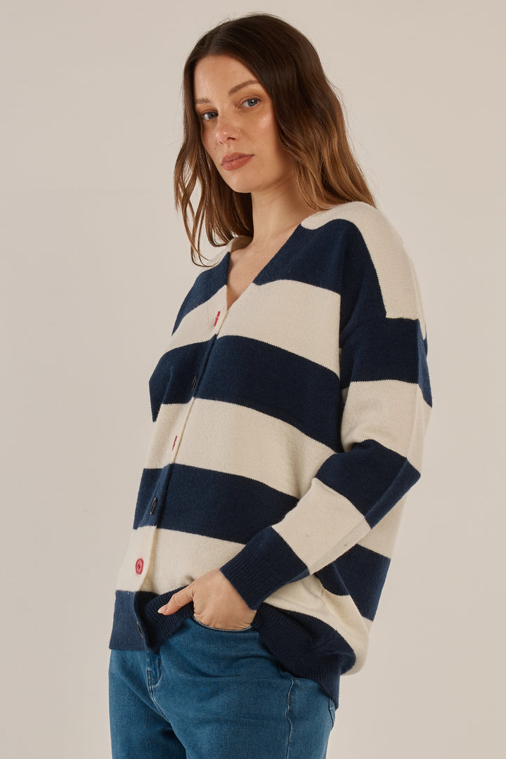 Betty Basics BB4094 navy off-white stripe cardigan at Experience Boutique