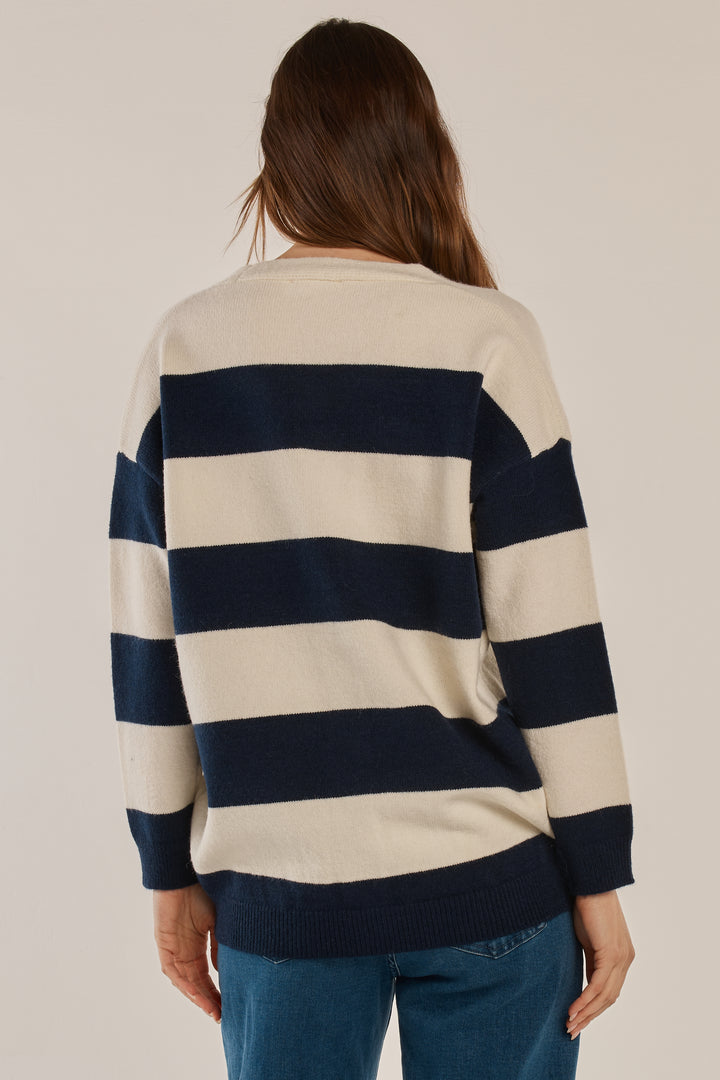 Betty Basics BB4094 navy off-white stripe cardigan at Experience Boutique