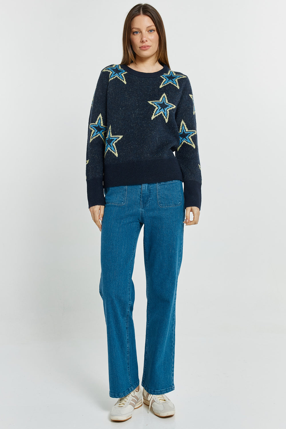 Betty Basics BB4128 navy star jacquard jumper at Experience Boutique