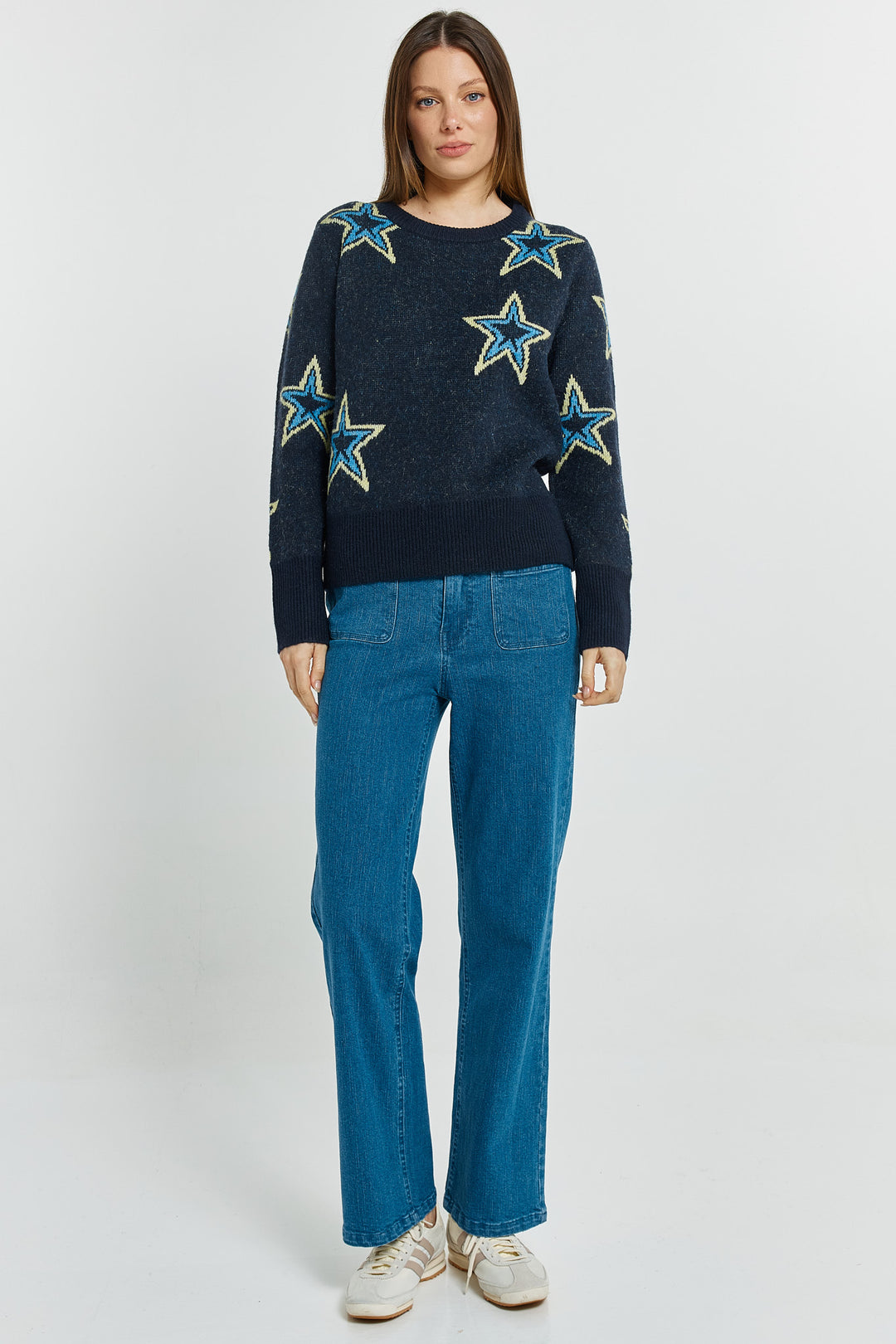 Betty Basics BB4128 navy star jacquard jumper at Experience Boutique