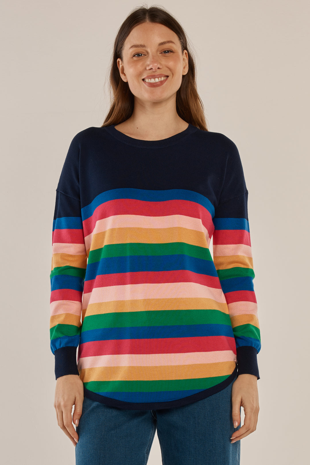 Betty Basics BB425 navy rainbow stripe jumper at Experience Boutique