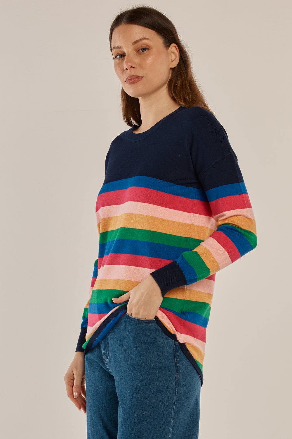 Betty Basics BB425 navy rainbow stripe jumper at Experience Boutique