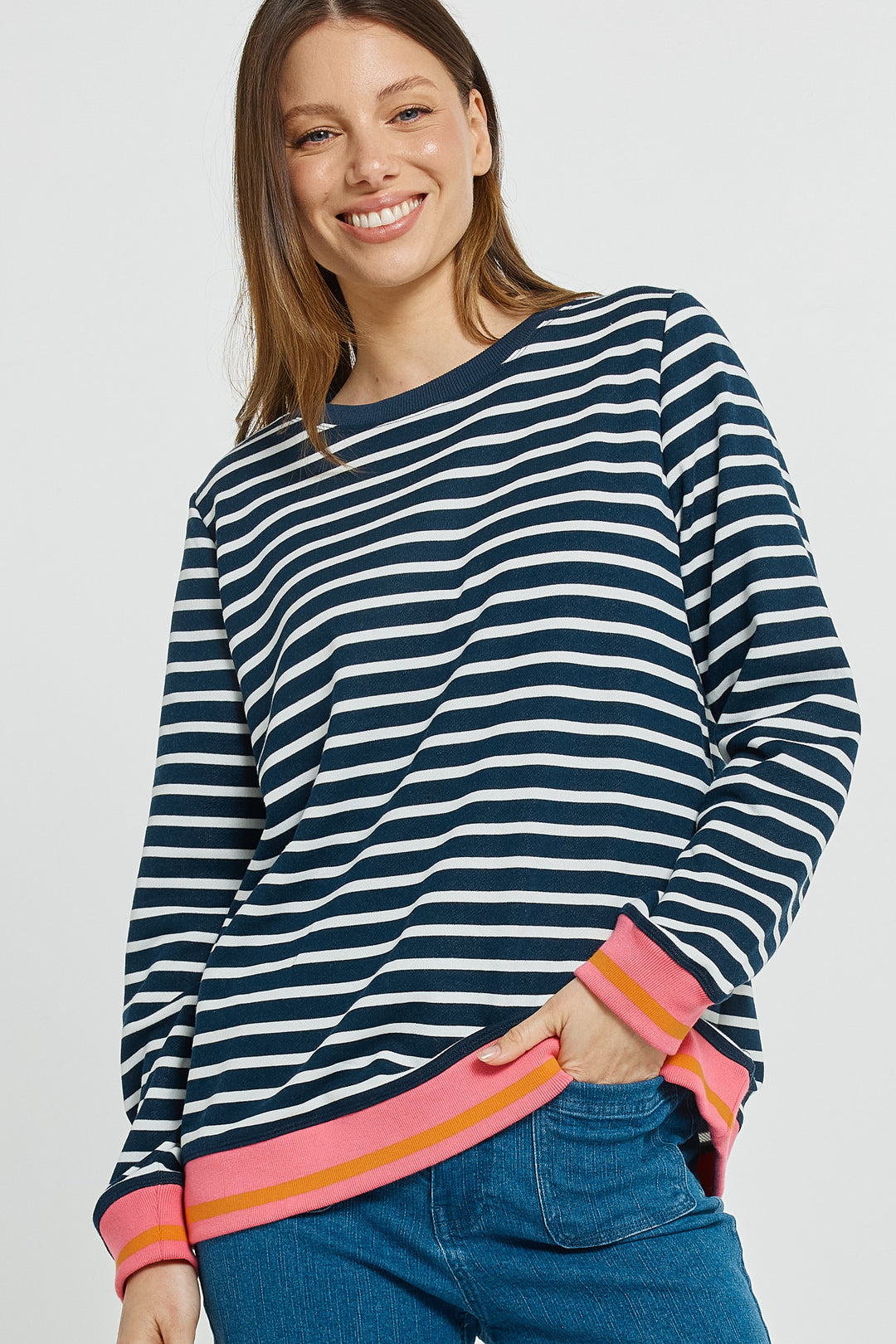 Betty Basics BB7114 navy white stripe sweatshirt at Experience Boutique
