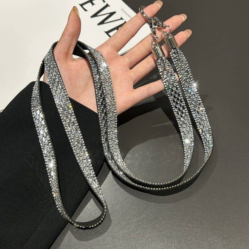 Silver Crystal Rhinestone Phone Lanyard Strap Chain