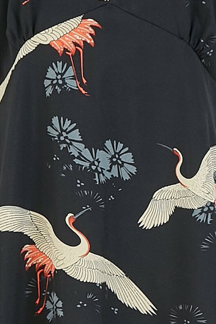 Black Crane Print Kimono Midi Dress
