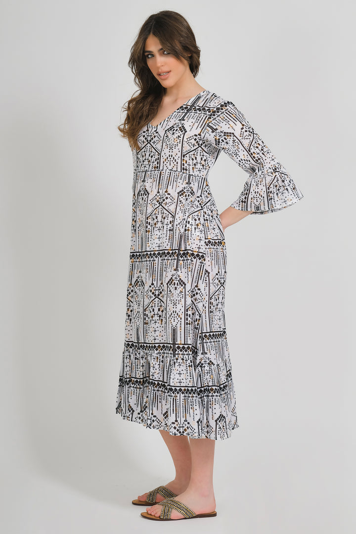 Ble Dress White Print Bell Sleeve Dress 5-41-065-0001 - Experience Boutique