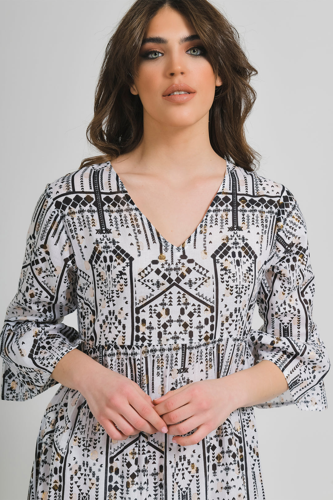Ble Dress White Print Bell Sleeve Dress 5-41-065-0001 - Experience Boutique