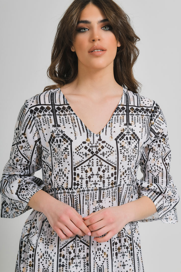 Ble Dress White Print Bell Sleeve Dress 5-41-065-0001 - Experience Boutique