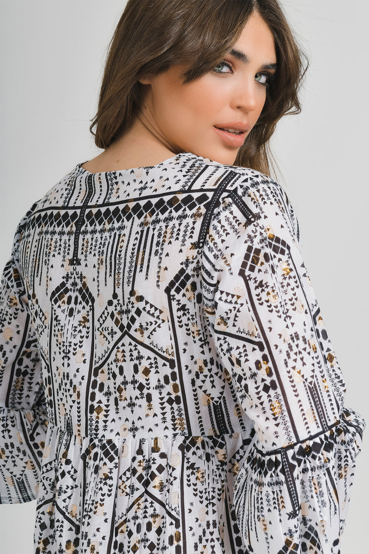 Ble Dress White Print Bell Sleeve Dress 5-41-065-0001 - Experience Boutique