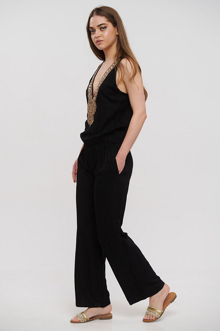 Ble Jumpsuit Black Sleeveless Silver Beaded Neckline 5-41-648-0041 - Experience Boutique