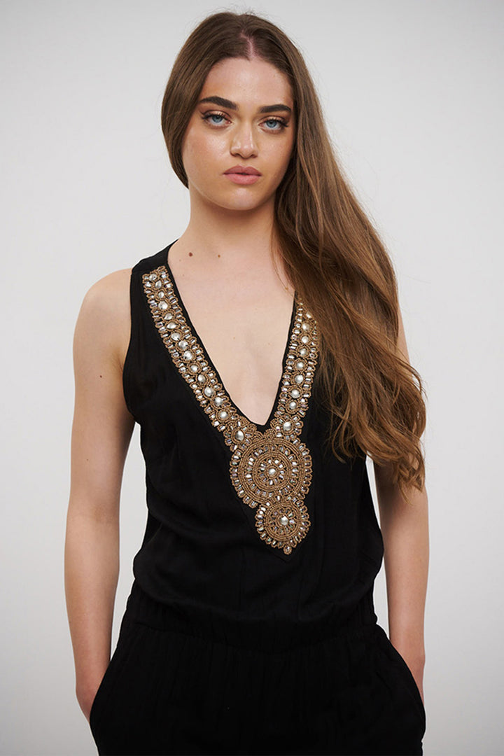 Ble Jumpsuit Black Sleeveless Silver Beaded Neckline 5-41-648-0041 - Experience Boutique