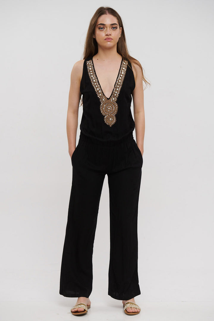 Ble Jumpsuit Black Sleeveless Silver Beaded Neckline 5-41-648-0041 - Experience Boutique