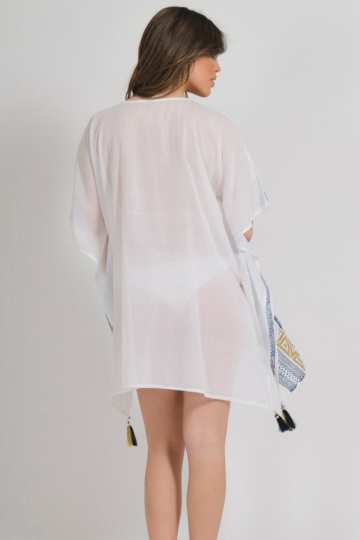Ble Kaftan Top Coverup Tie Neck White Gold Print 5-41-254-0253 - Experience Boutique