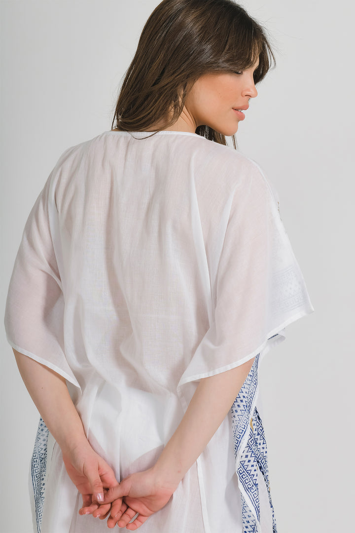 Ble Kaftan Top Coverup Tie Neck White Gold Print 5-41-254-0253 - Experience Boutique