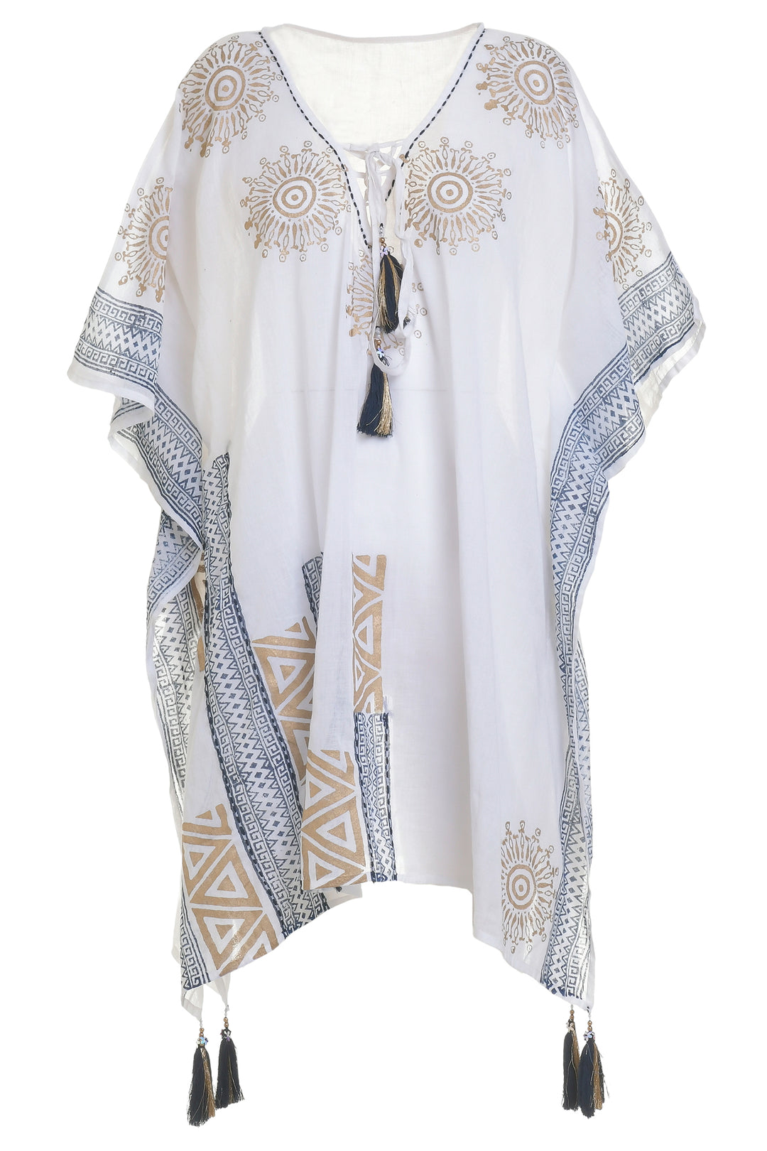 Ble Kaftan Top Coverup Tie Neck White Gold Print 5-41-254-0253 - Experience Boutique