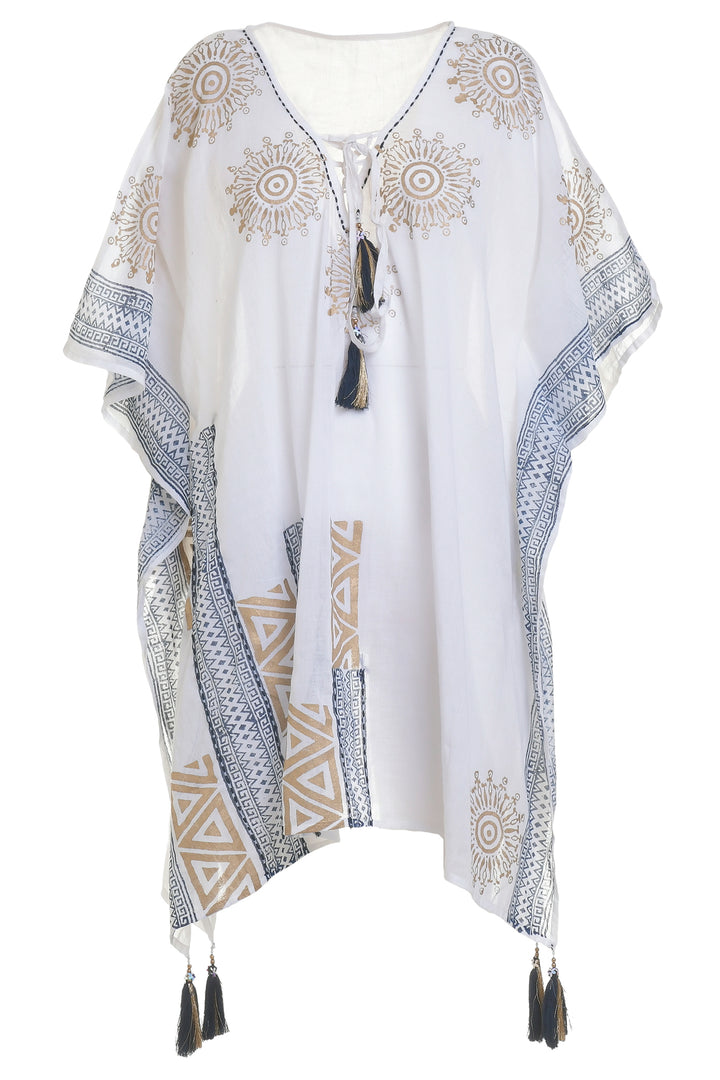Ble Kaftan Top Coverup Tie Neck White Gold Print 5-41-254-0253 - Experience Boutique