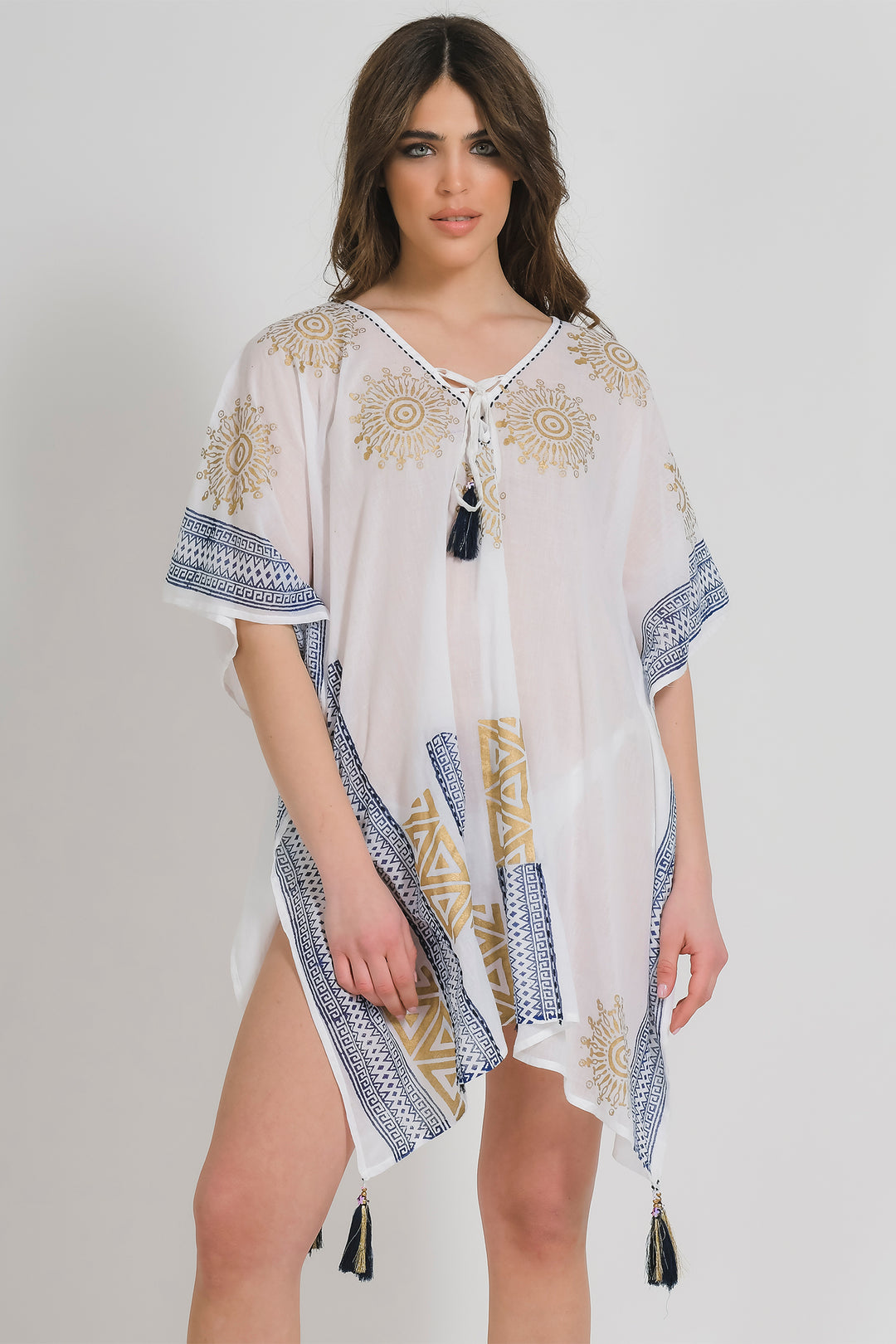 Ble Kaftan Top Coverup Tie Neck White Gold Print 5-41-254-0253 - Experience Boutique