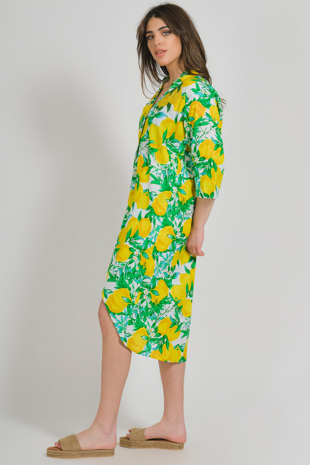 Ble Shirt Lemons Print Yellow Green Shirt Dress 5-41-581-0122 - Experience Boutique