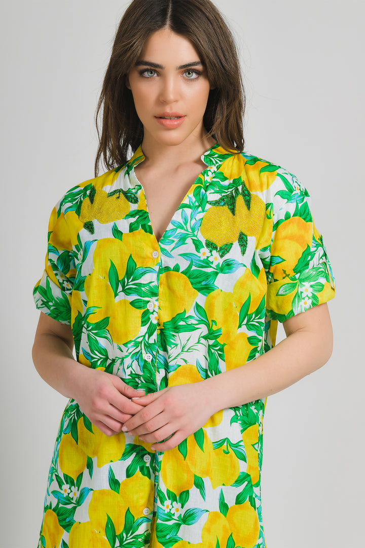 Ble Shirt Lemons Print Yellow Green Shirt Dress 5-41-581-0122 - Experience Boutique