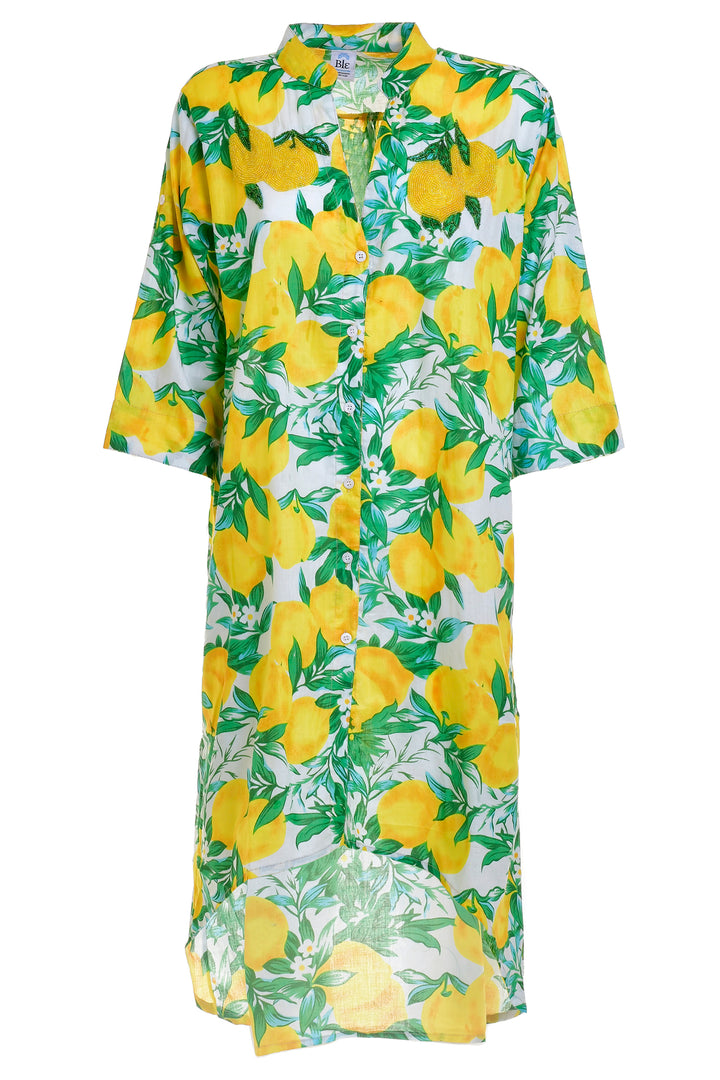 Ble Shirt Lemons Print Yellow Green Shirt Dress 5-41-581-0122 - Experience Boutique