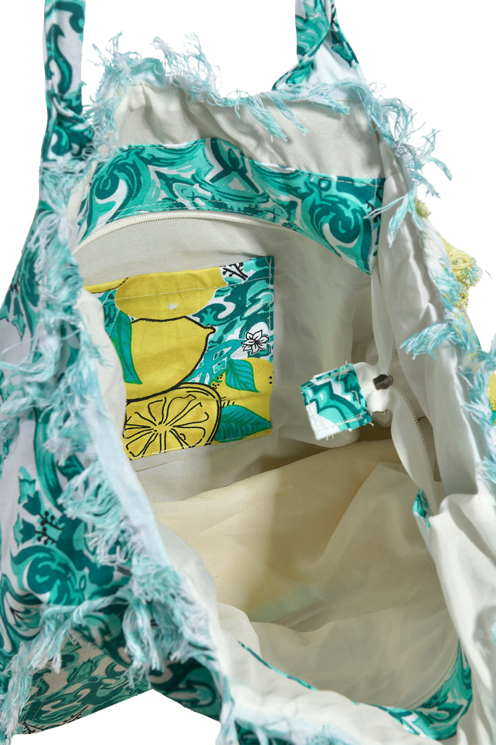 Ble Teal Lemon Print Canvas Tote Bag 5-42-581-0006 20105 - Experience Boutique