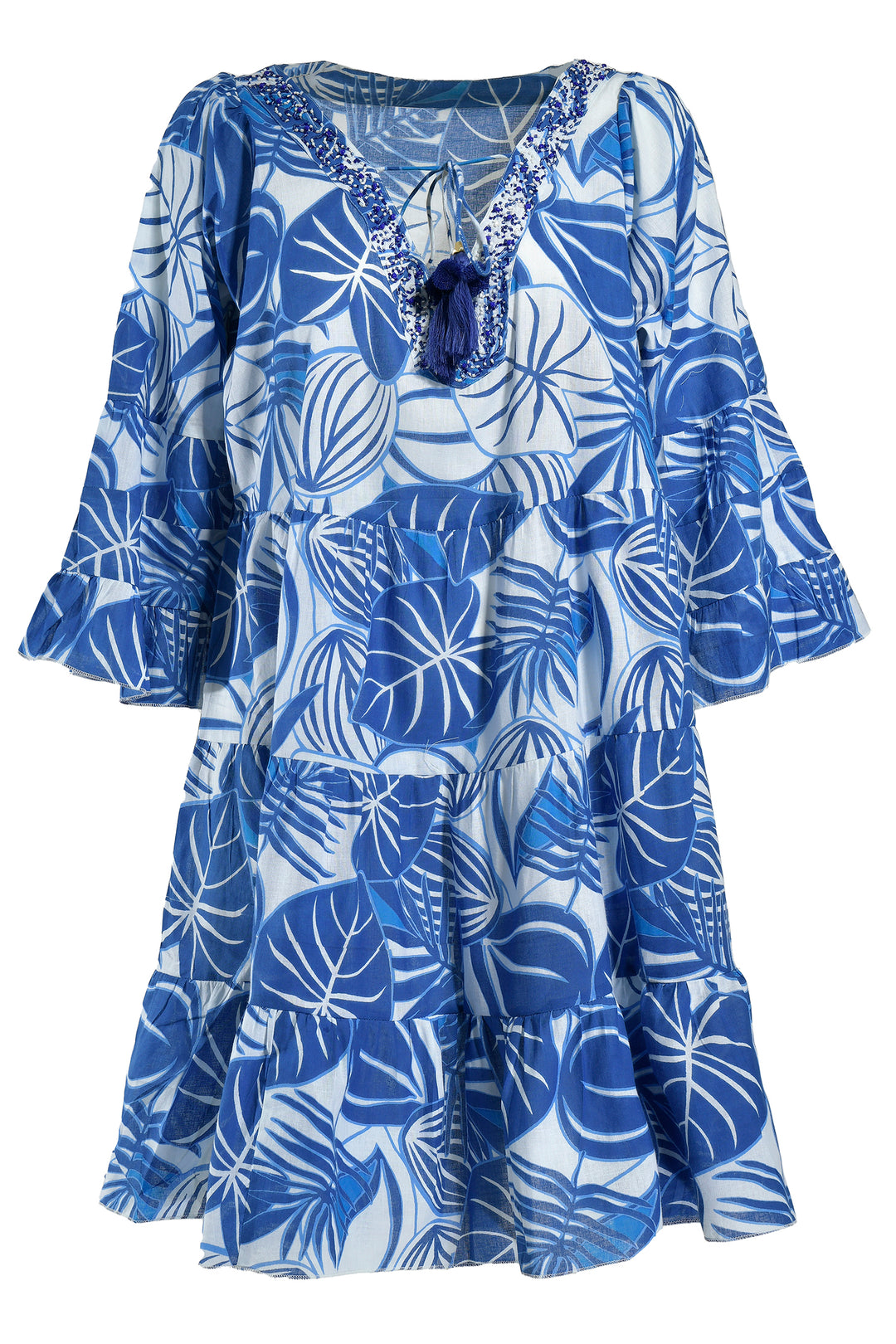 Ble Top Blue Tropical Print Beaded Neck 5-41-581-0144 - Experience Boutique