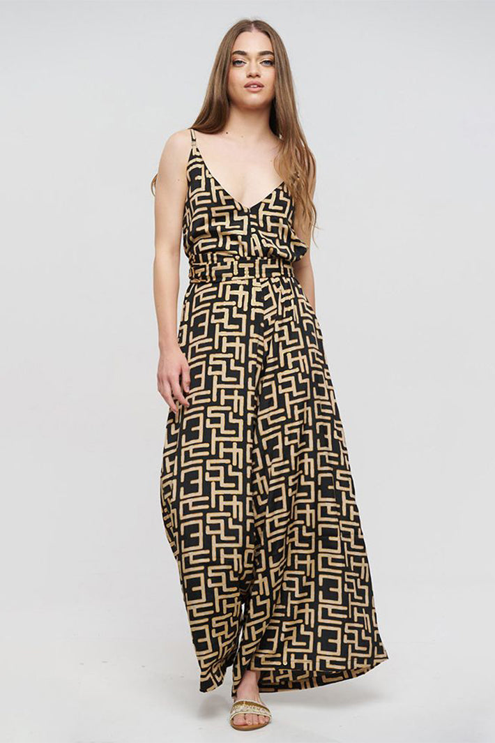 Blue Black & Gold Geo Print Wide Leg Jumpsuit 5-41-348-0747 - experience Boutique