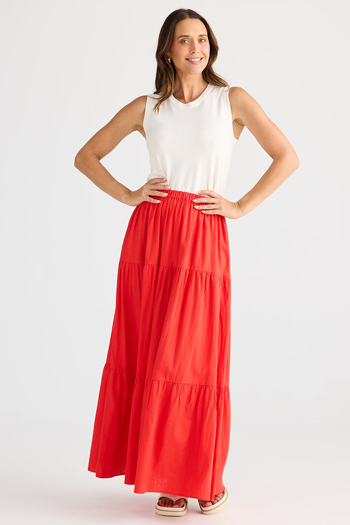 Brave+True BT25365-2 Erini Poppy Red Tiered Maxi Skirt