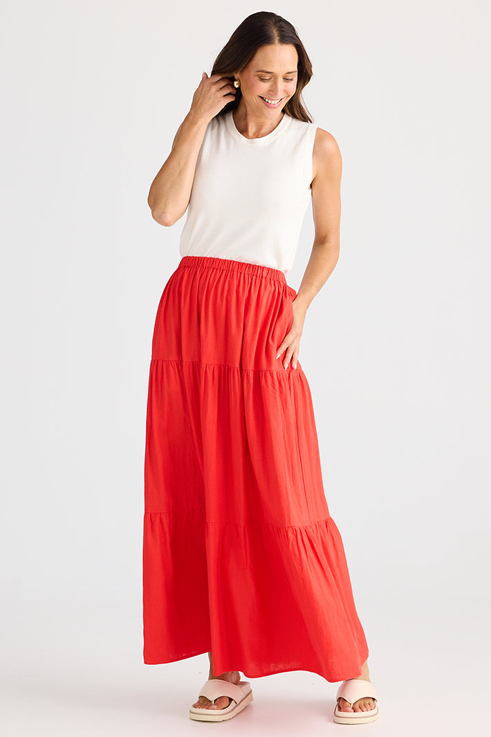 Brave+True BT25365-2 Erini Poppy Red Tiered Maxi Skirt