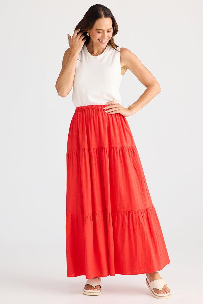 Brave+True BT25365-2 Erini Poppy Red Tiered Maxi Skirt