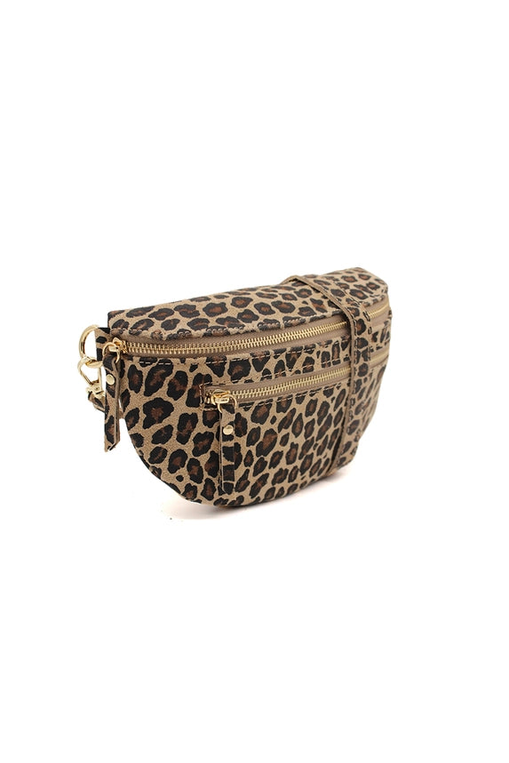 Leopard Print Suede Half Moon Crossbody Bag
