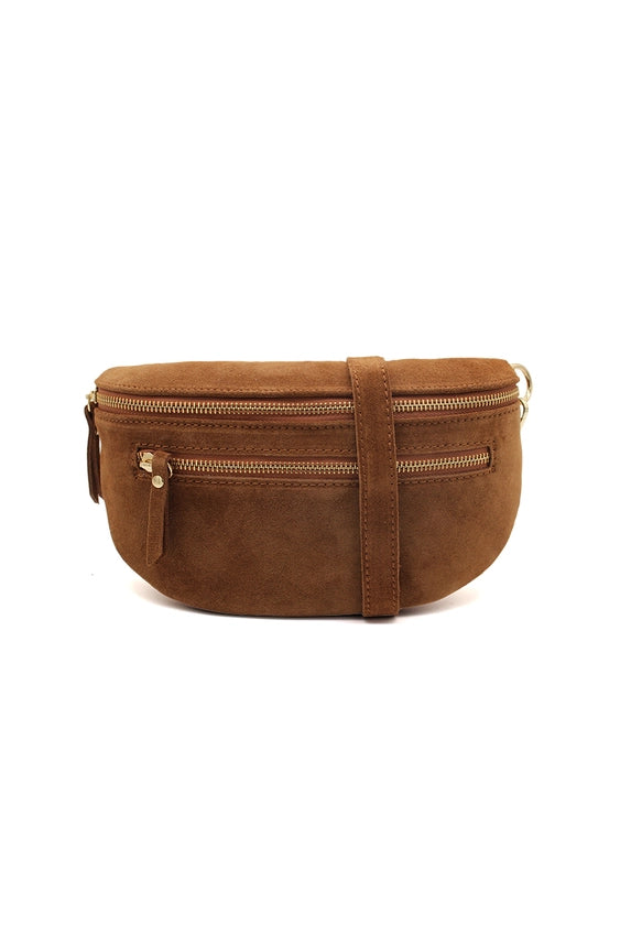 Tan Suede Half Moon Crossbody Bag