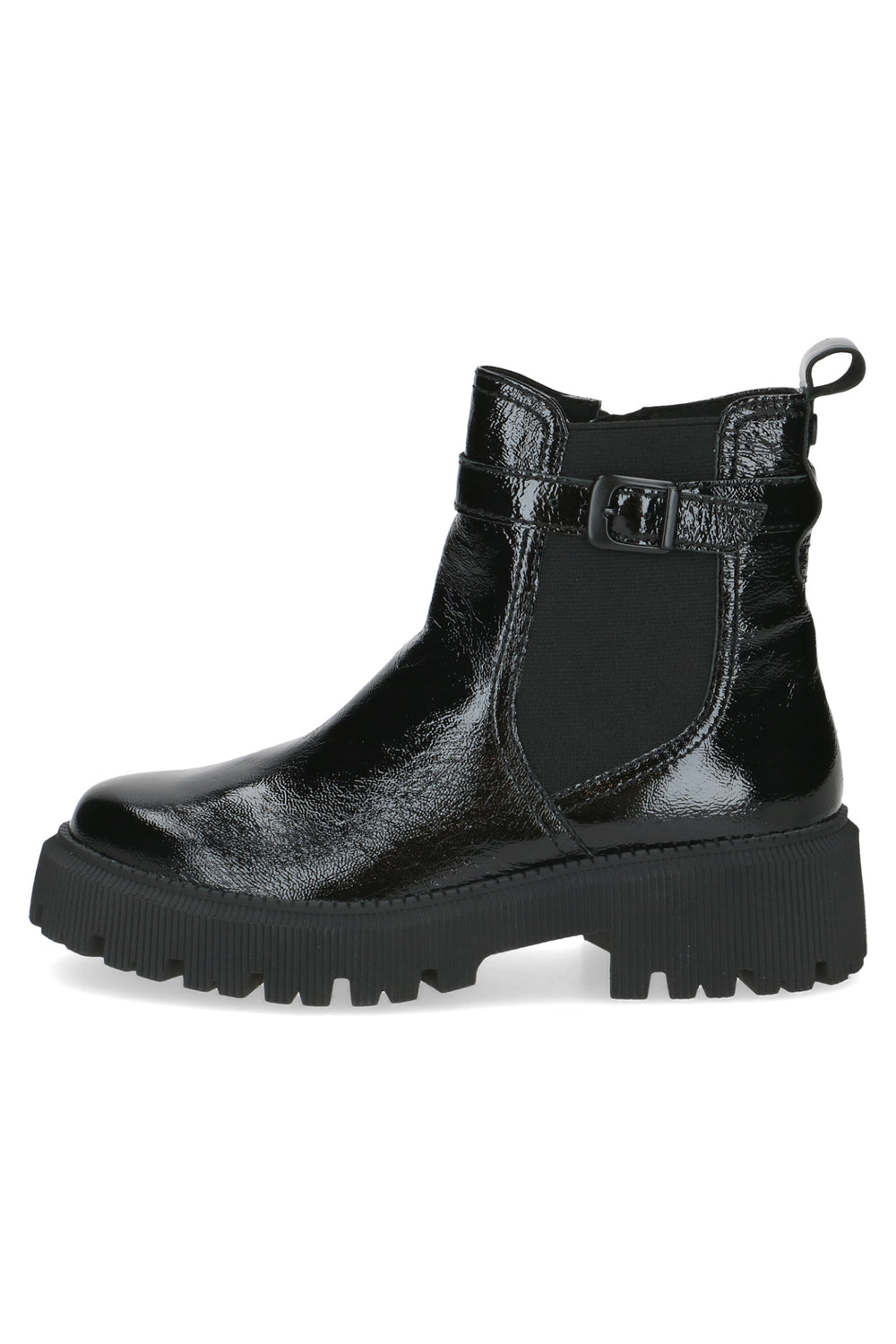 Black leather boot with a chunky sole on a white background
