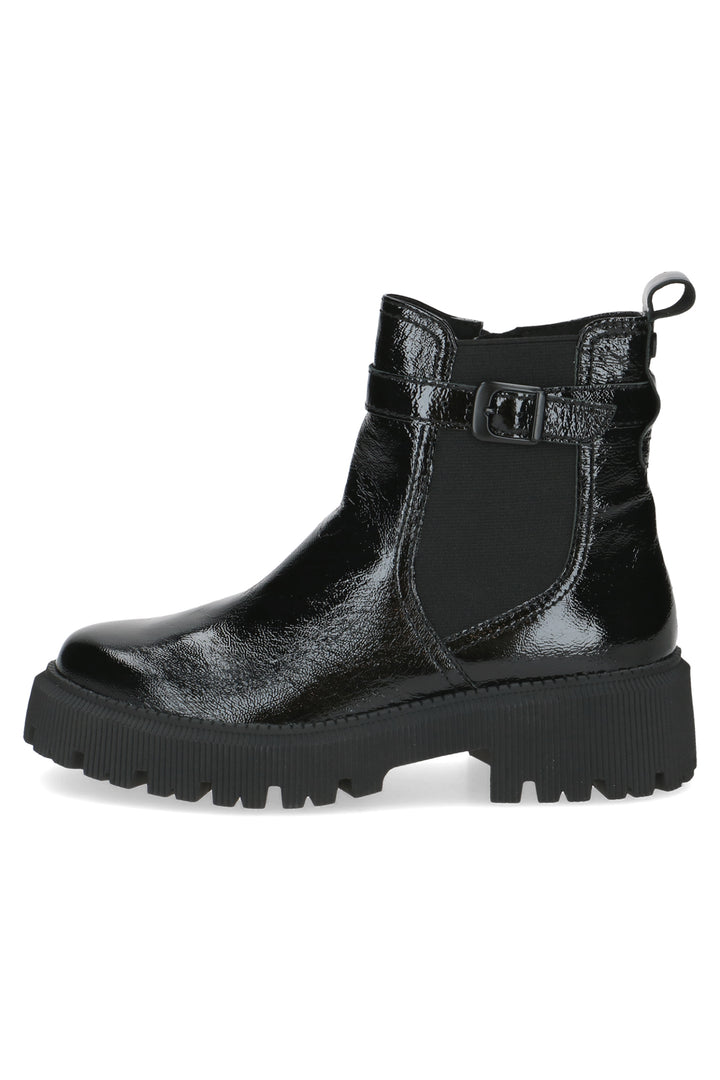 Black leather boot with a chunky sole on a white background