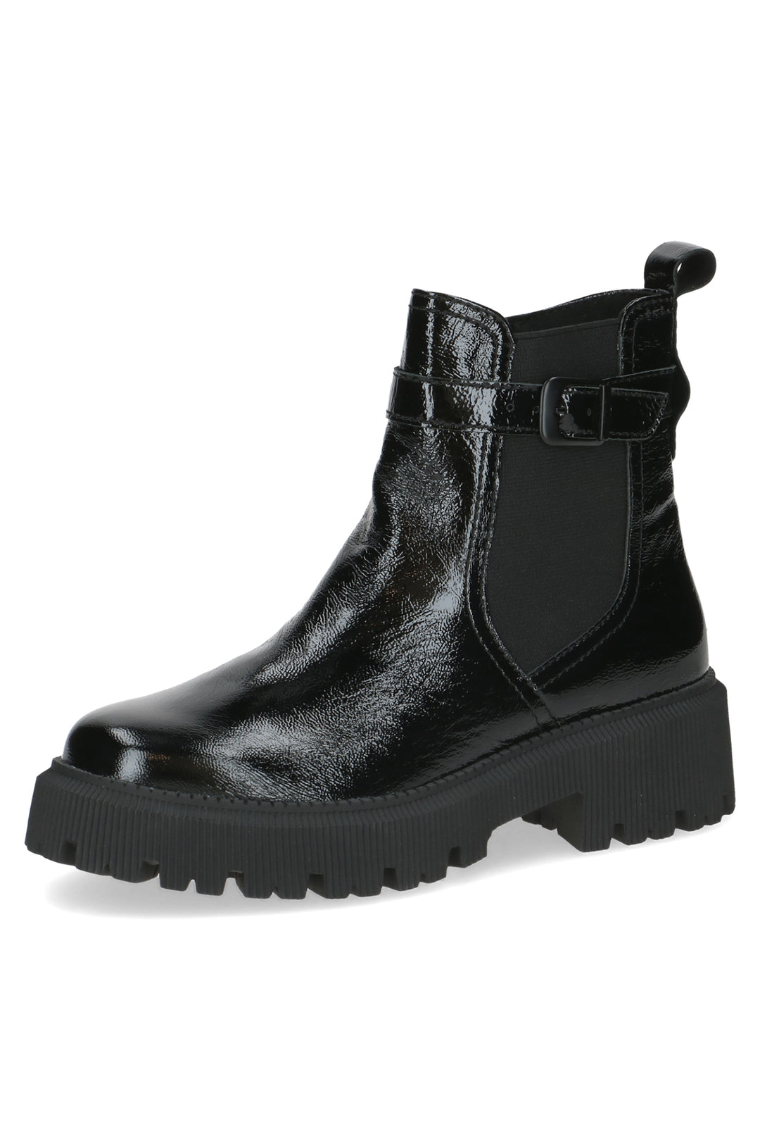 Black shiny ankle boot on a white background