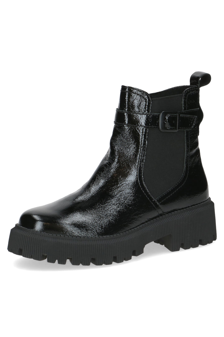 Black shiny ankle boot on a white background