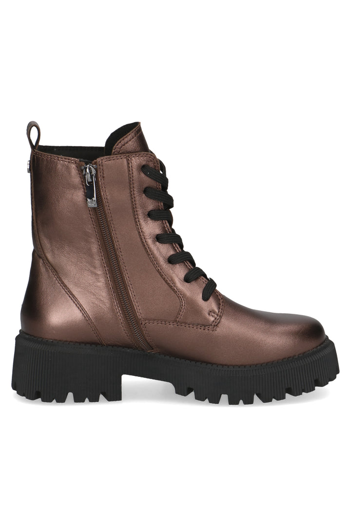 Bronze boot with black laces on a white background