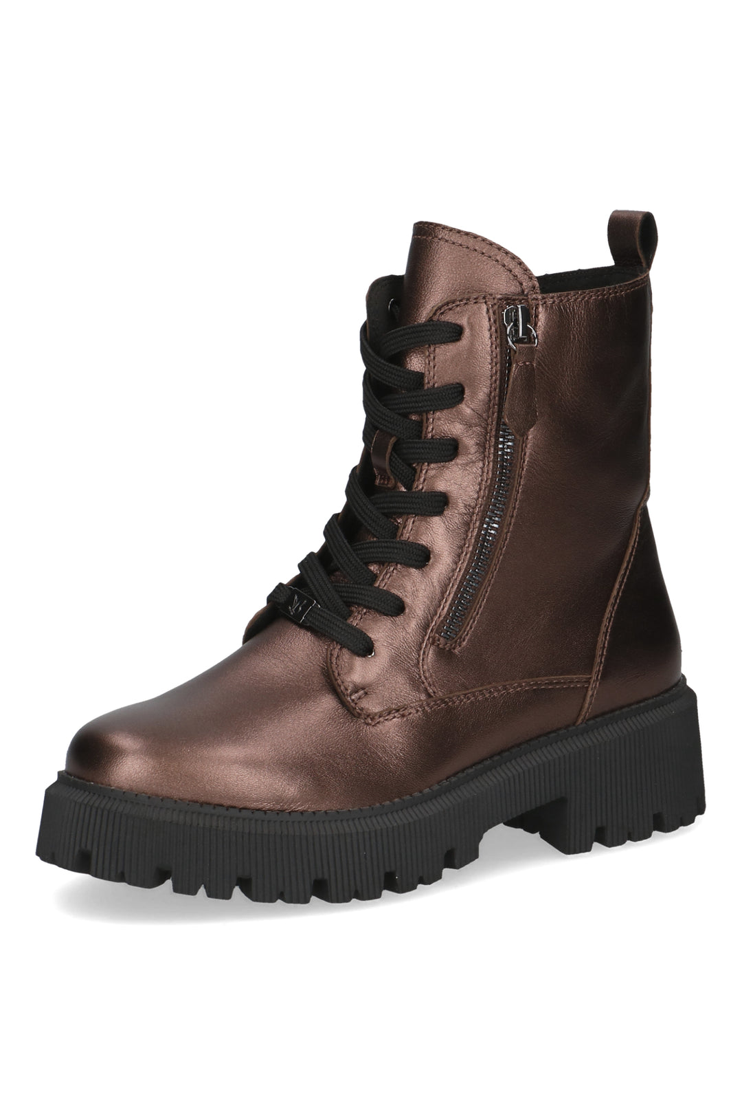 Brown leather boot with black laces and sole on a white background