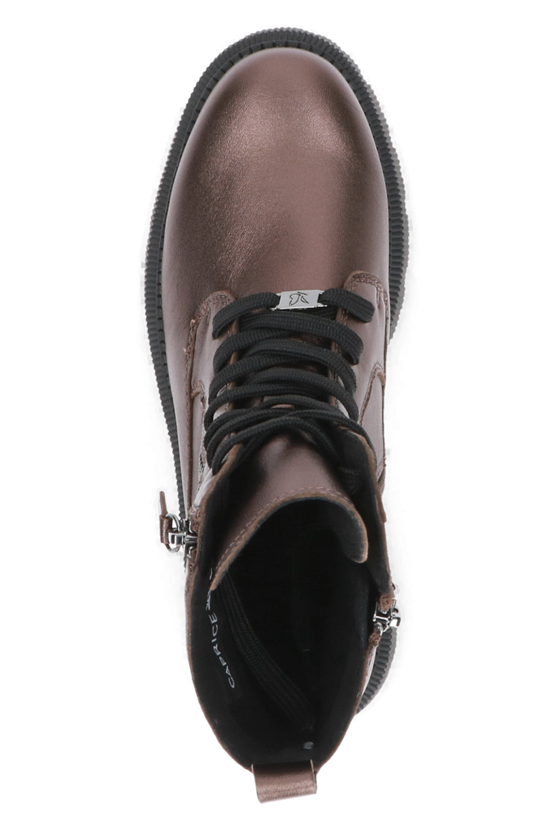 Brown leather boot with black laces on a white background